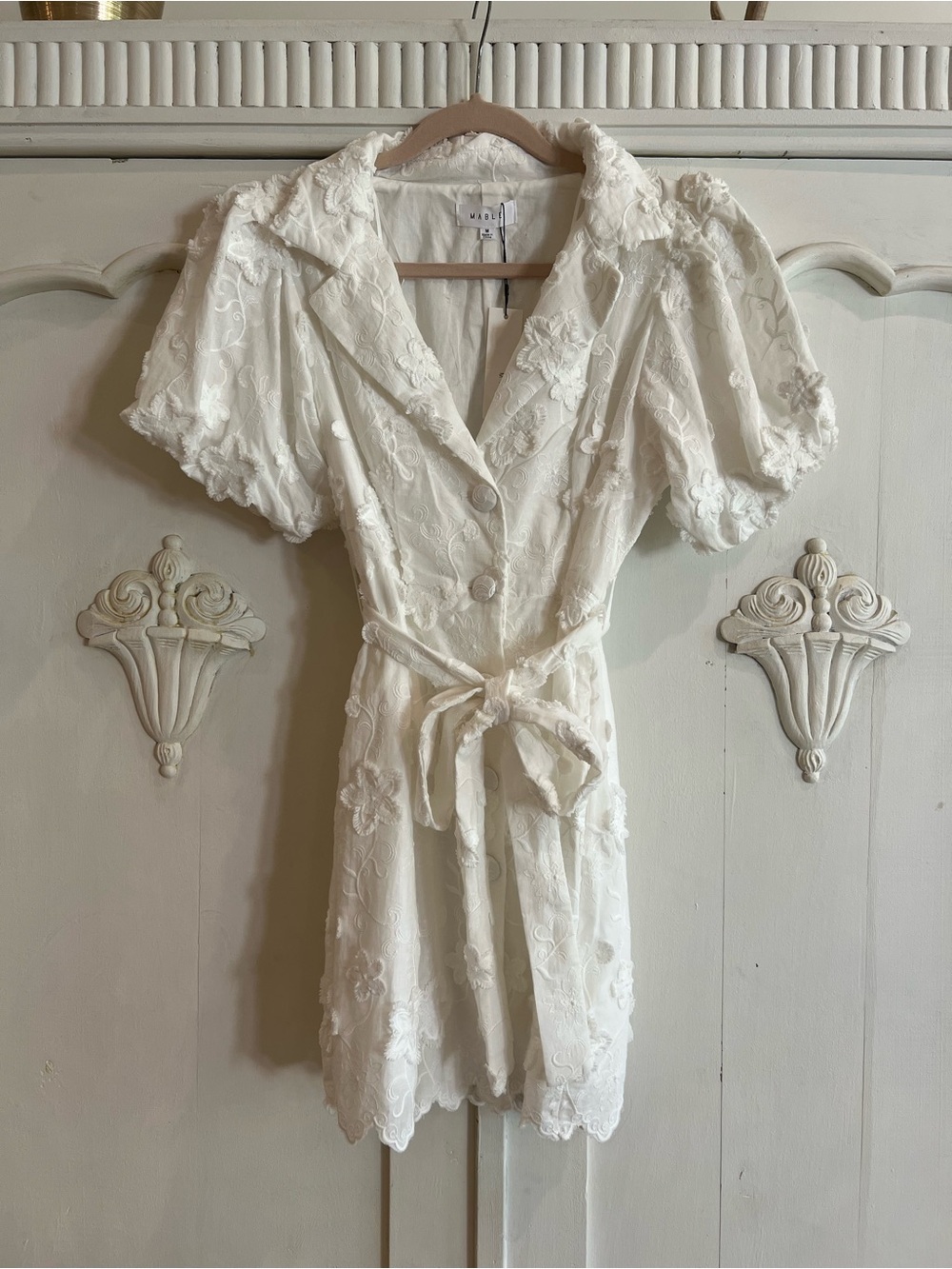 NWT Mable White Embroidered Wedding Floral Puff-Sleeve Dress